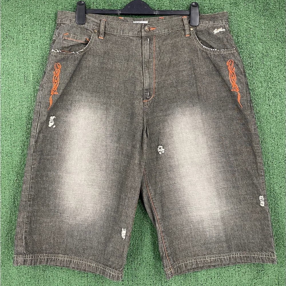 Vintage Y2K A. Tiziano Orange Embroidered Black Jean Shorts Jorts Mens Size 39